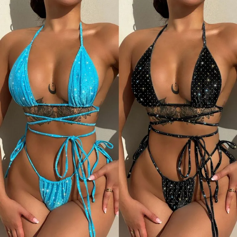 Women'S Sexy Fashion Glitter Triangle Drawstring Swimsuit Two-Piece Set