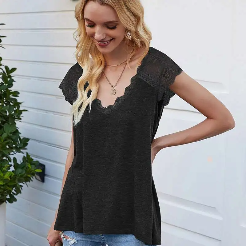 Women V-Neck Short-Sleeve Lace Patchwork Loose Blouse