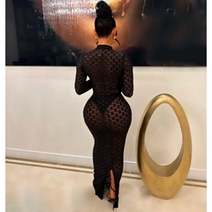 Women Fashion Sexy Mesh Long Sleeve Hollow Maxi Dress