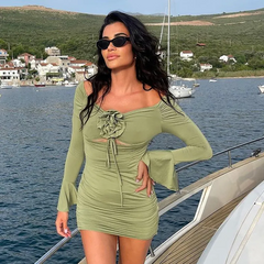 Pleated Long Sleeve Floral Bodycon Dress
