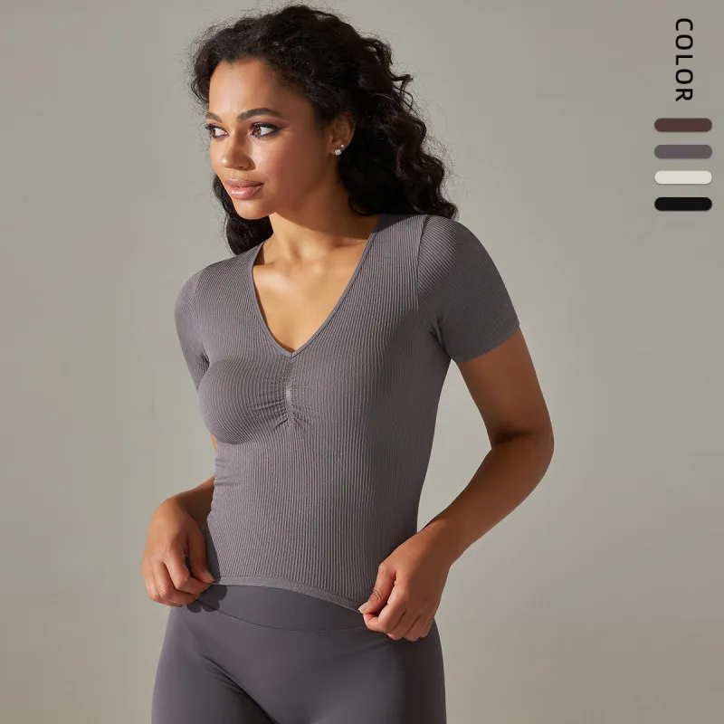 Women Fashion Solid Color Stretch Thread Slim Sport Top