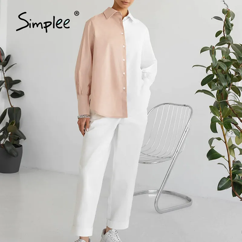 Women Work Casual Color Blocking Single-Breasted Long Puff Sleeves Blouse