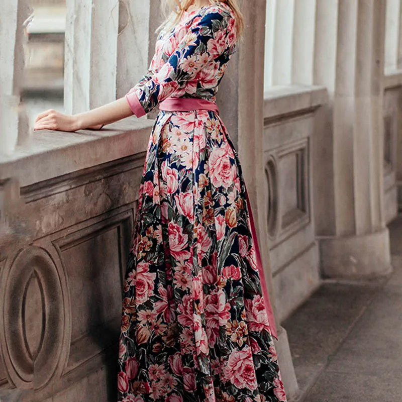 Elegant Women Round Collar Sash Floral Print Party Maxi Dress