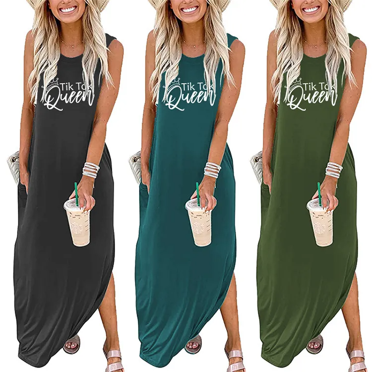 Women Fashion Casual Queen Letter Print Sleeveless Maxi Dress