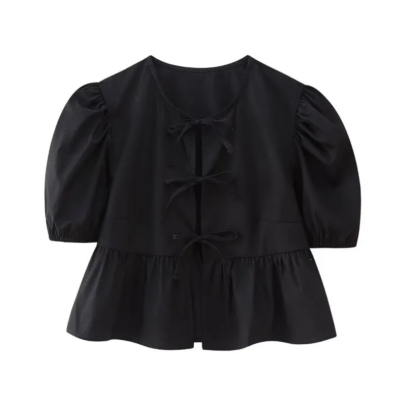 Women Sweet Casual Puff Sleeve Bow Knot Ruffled Stripe Leopard Blouse