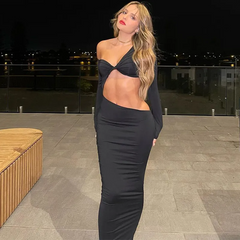 Women Fashion Sexy V-Neck Long Sleeve Hollow Maxi Dress