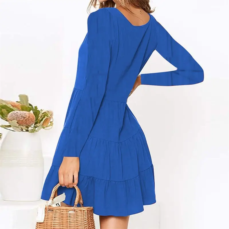 Women Solid Color V Neck Single-Breasted Dress