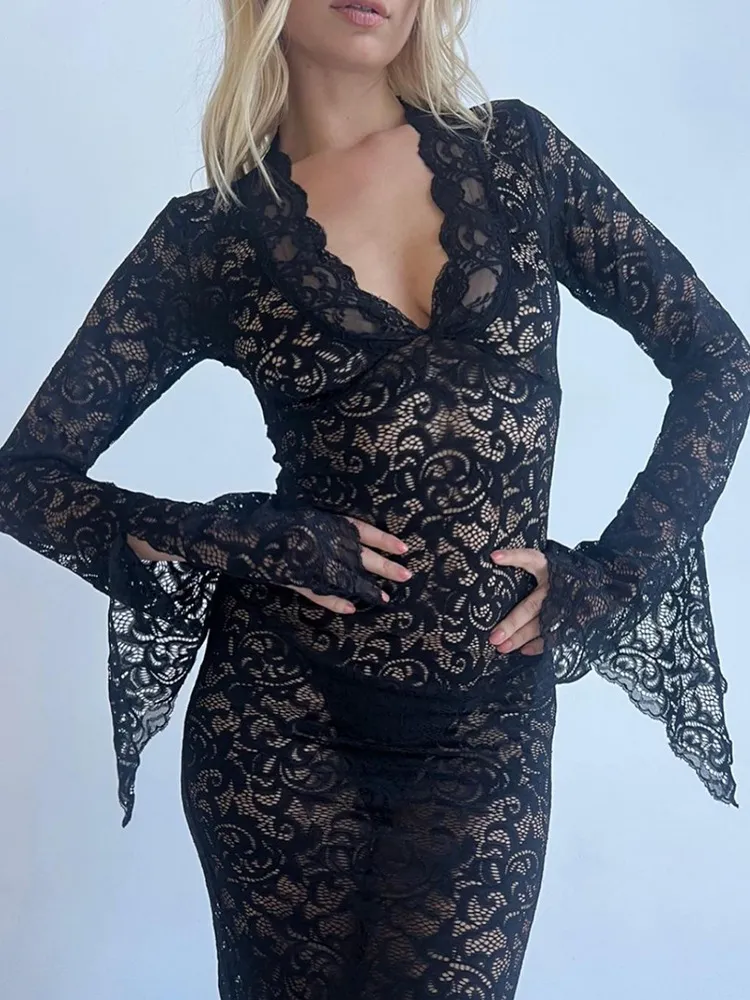 V-Neck Lace Perspective Long Sleeve Bodycon Maxi Dress