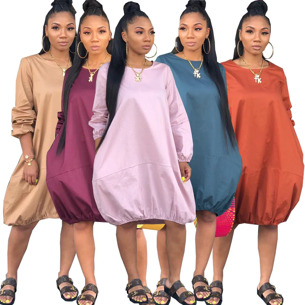 Round Neckline Long-Sleeve Pocket Design Loose Casual Dress