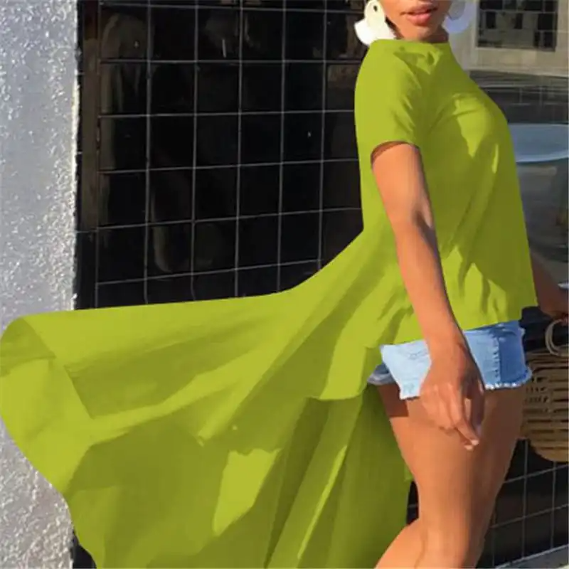 Women Fashion Solid Color Irregular High Low Hemline Blouse