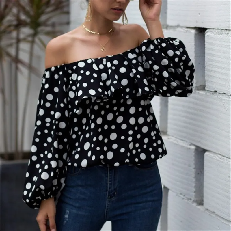 Women Fashion Polka Dot Printed Off-The-Shoulder Puff Sleeve Ruffle Blouse