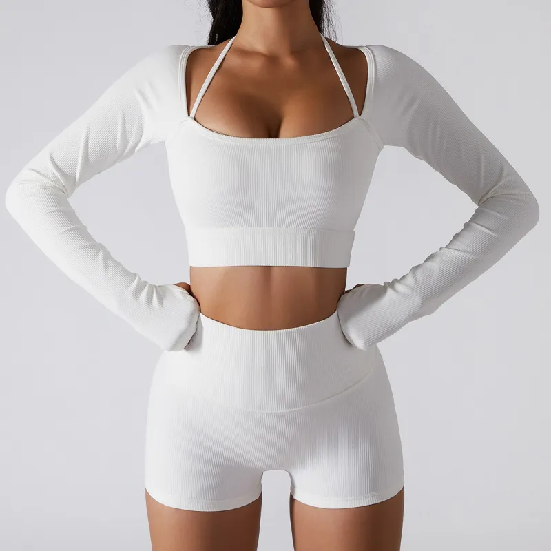 Women'S Fashion Solid Color Halter Neck Slim-Fit Fitness Tight Sports Long Sleeve Top