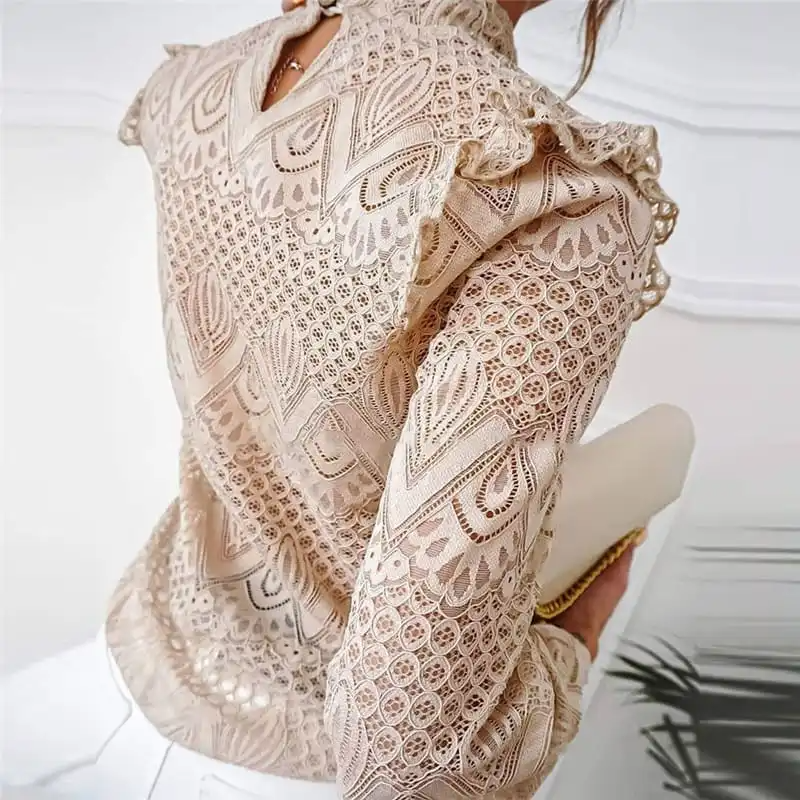 Women Chic Mock Neck Lace Patchwork Ruffle Blouse