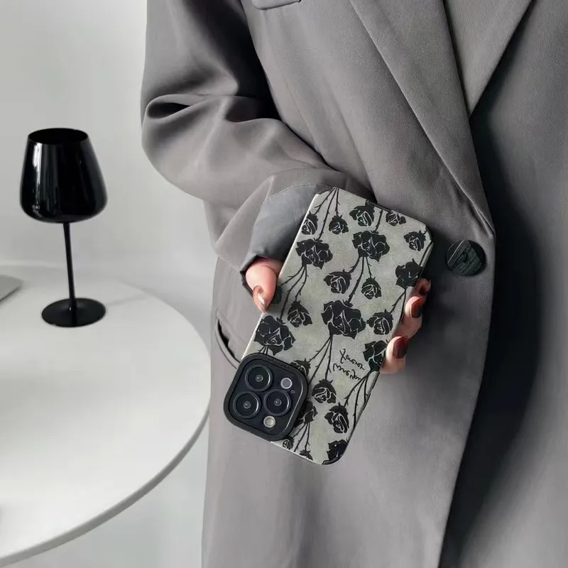 Grey Rose Print Iphone14promax Apple 13 Mobile Phone Case