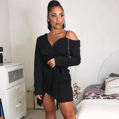 One-Shoulder Long-Sleeve Lace-Up Split Mini Dress