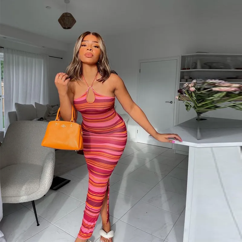 Women Edgy Sexy Backless Color Blocking Stripe Halter Neck Bodycon Dress
