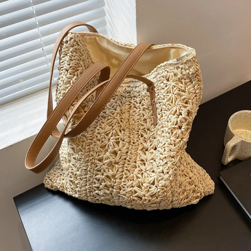 Women Pastoral Design Solid Color Straw Large Capacity Woven Shoulder Handle Bag