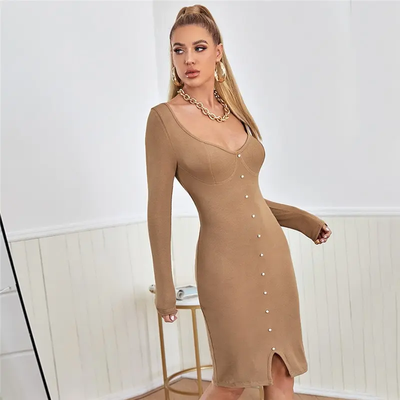 Women Elegant Solid Color Single-Breasted Knitted Dress
