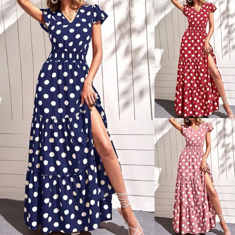 Summer Women Fashion Casual Dot Print Split Maxi Dress