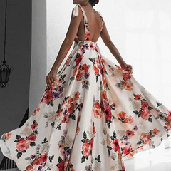 Neck Backless Sleeveless Floral Print Boho Maxi Dress