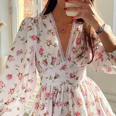 Tiny Flower Print V-Neck Long Sleeve Dress