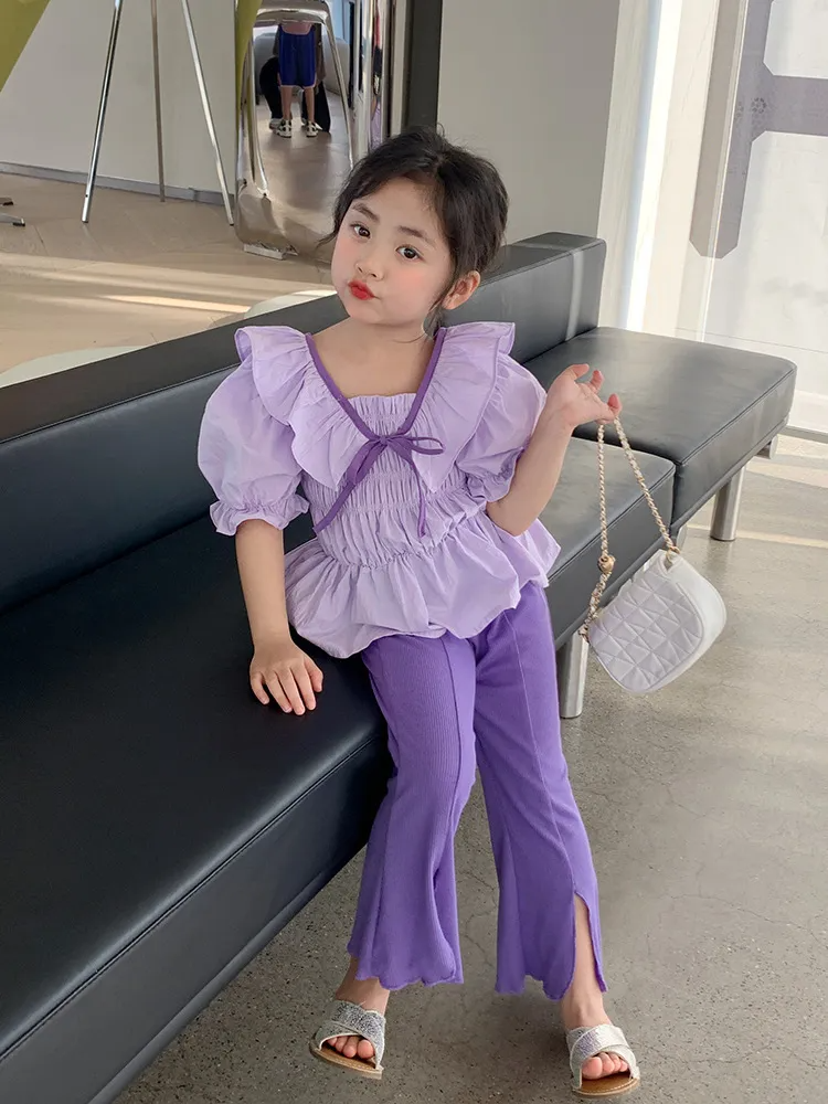 Children Kids Baby Fashion Girls Short Sleeve Bowknot Top And Flared Pants 2pcs Set