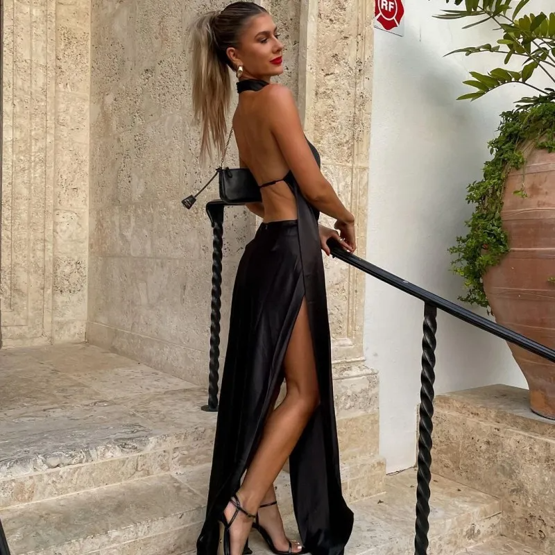 Women Fashion Sexy Halter Neck Backless Split Dress