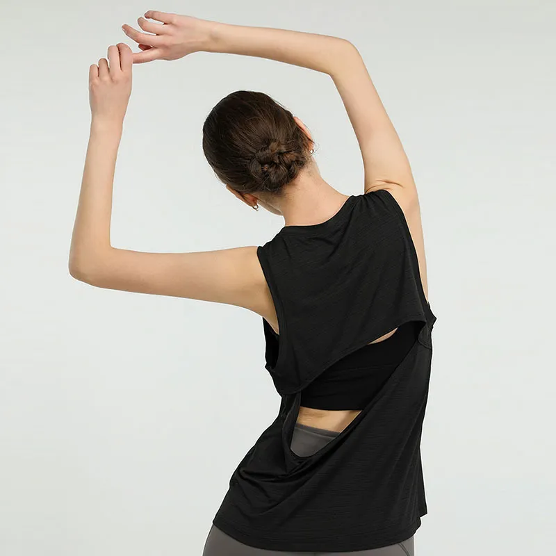 Women Casual Loose Solid Color Round Neck Sleeveless Back Cut Out Sports Tank Top