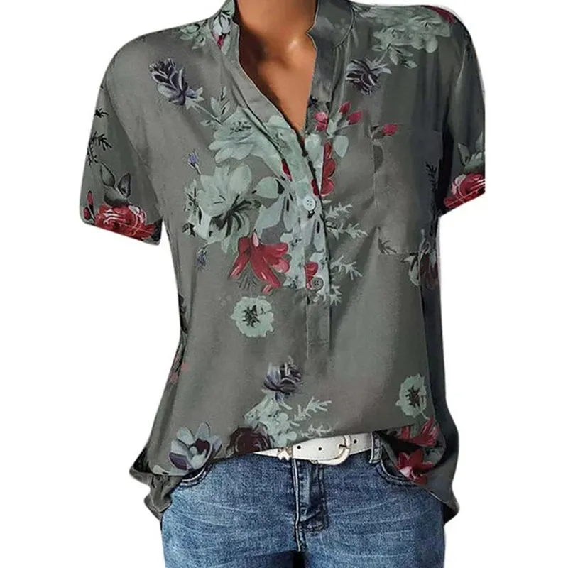 Women Elegant Fashion Loose Casual Short Sleeves Tiny Flower Print V Neck Blouse
