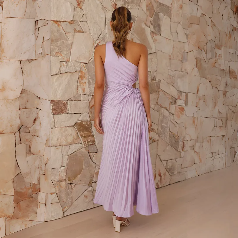 Women Fashion Slim Fit Oblique Shoulder Cutout Creased Dress