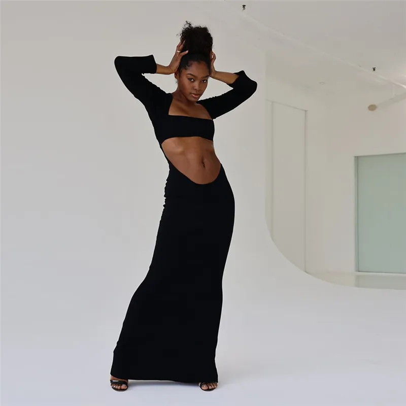 Women Sexy Night Out Cut Out Solid Color Long Sleeves Maxi Dress