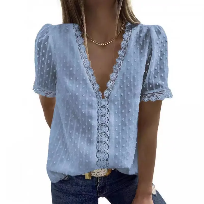 Deep V-Neck Chiffon Shirt Embroidered Lace Short Sleeve Women Blouse