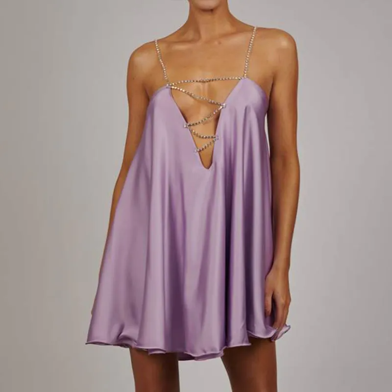 Wmen Night Out Sexy Edgy Summer Cut Out Chain Solid Color Sleeveless Ruffled Satin Mini Dress