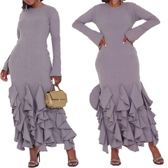 Women Fashion Solid Color Multi-Layer Ruffled Long Sleeve Dress
