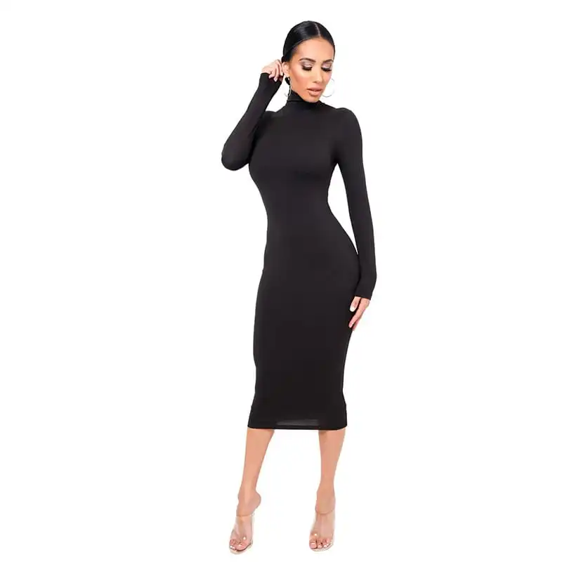 Women Fashion Solid Color Turtle Neck Long Sleeve Dress