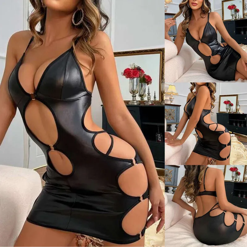Sex Patent Leather Backless Women Lingerie Dress