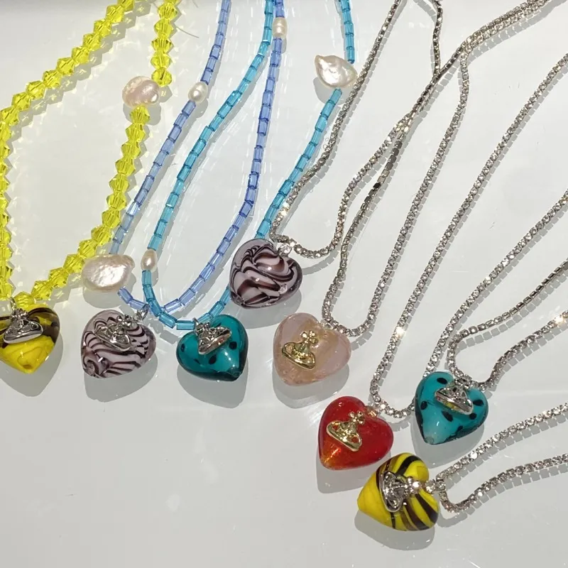 Women'S Fashion Colorful Glass Heart Diamond Pendant Necklace
