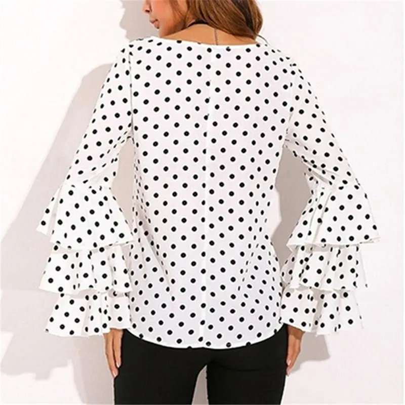 Women Plus Size Elegant Casual Polka Dot Round Neck Ruffled Long Sleeves Blouse