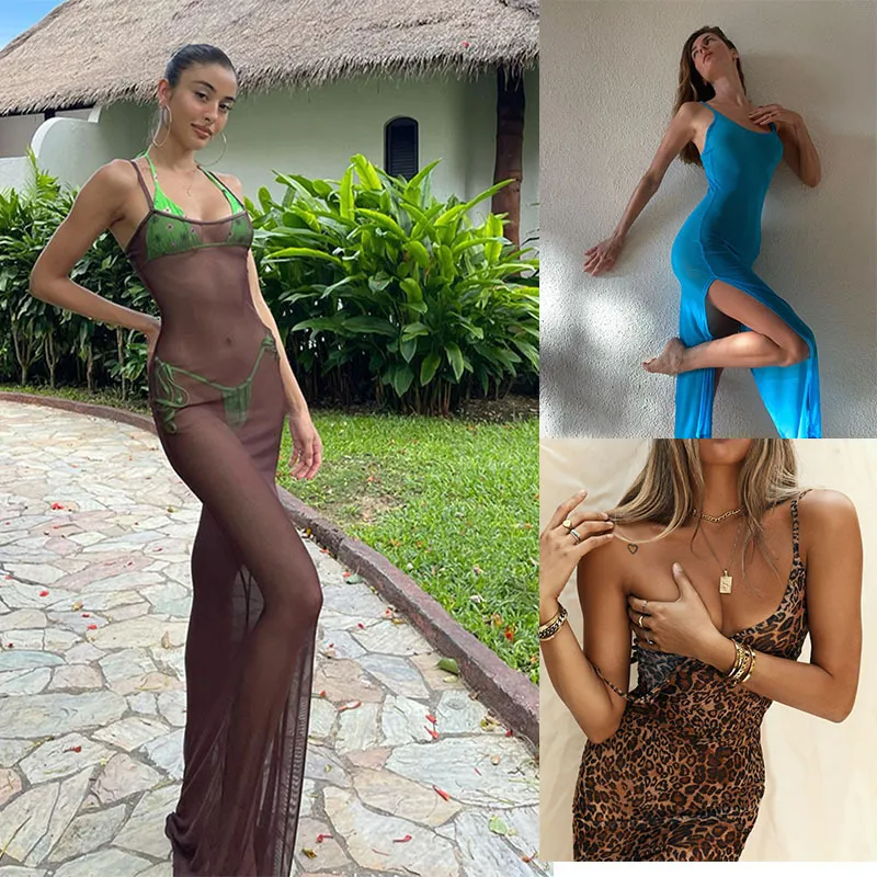 Women Fashion Sexy Strap See-Through Tight Backless Maxi Dress