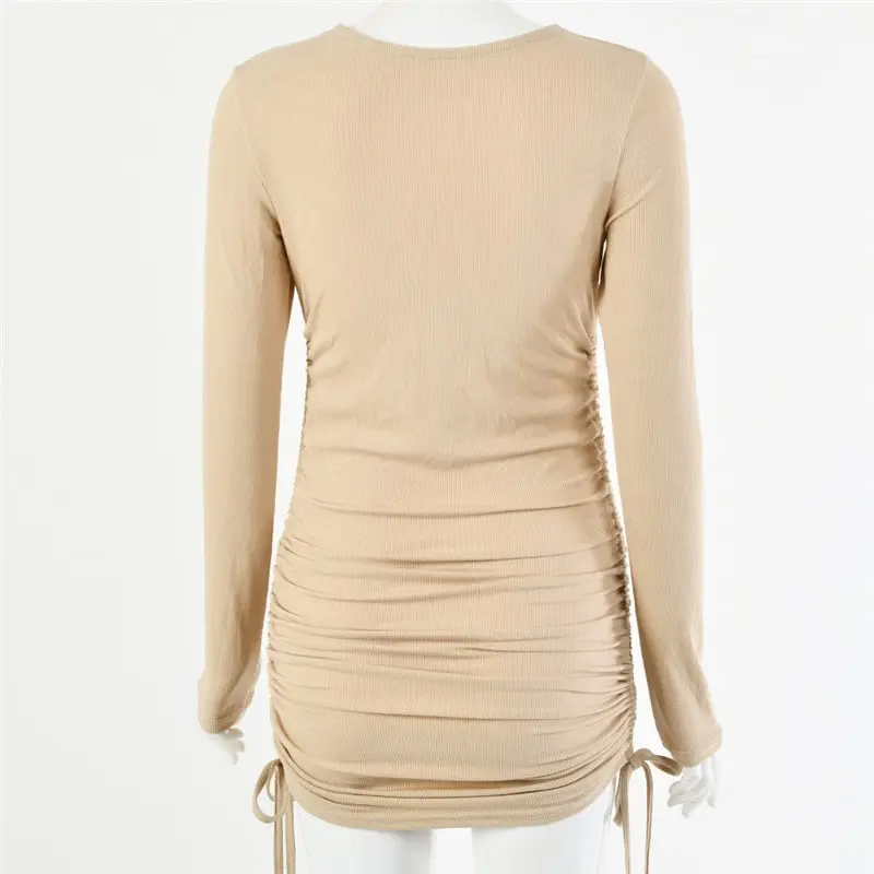 Women Fashion Solid Color Long Sleeve Drawstring Dress