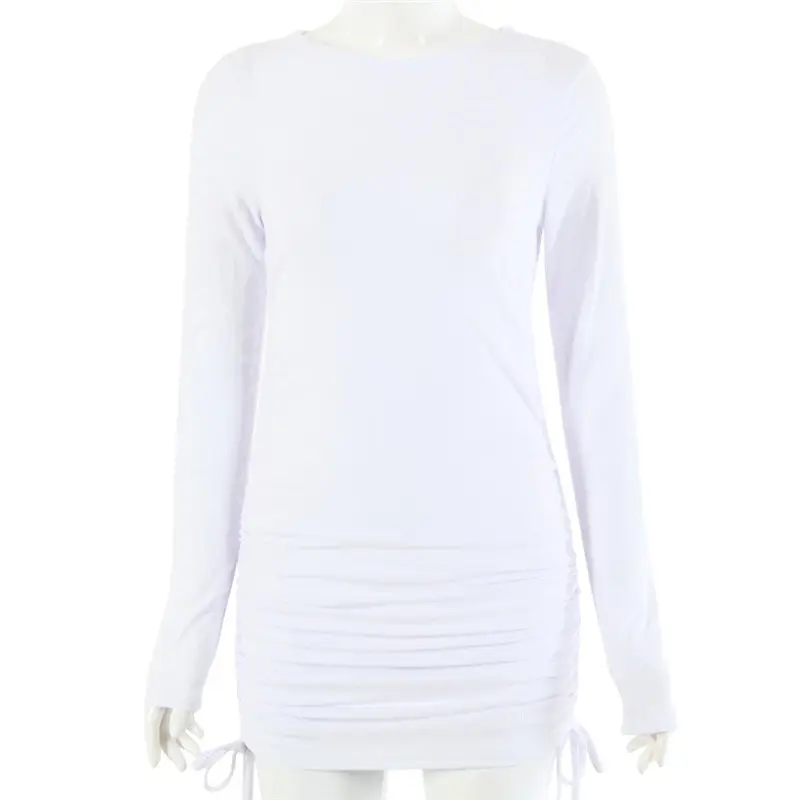 Women Fashion Solid Color Long Sleeve Drawstring Dress