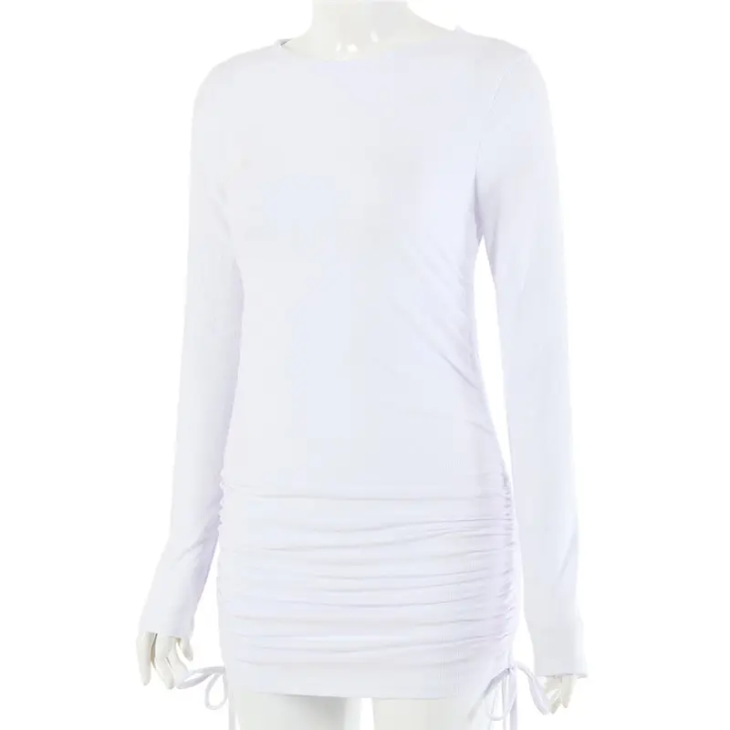 Women Fashion Solid Color Long Sleeve Drawstring Dress