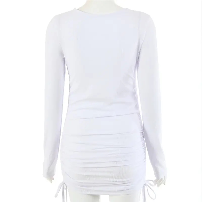 Women Fashion Solid Color Long Sleeve Drawstring Dress