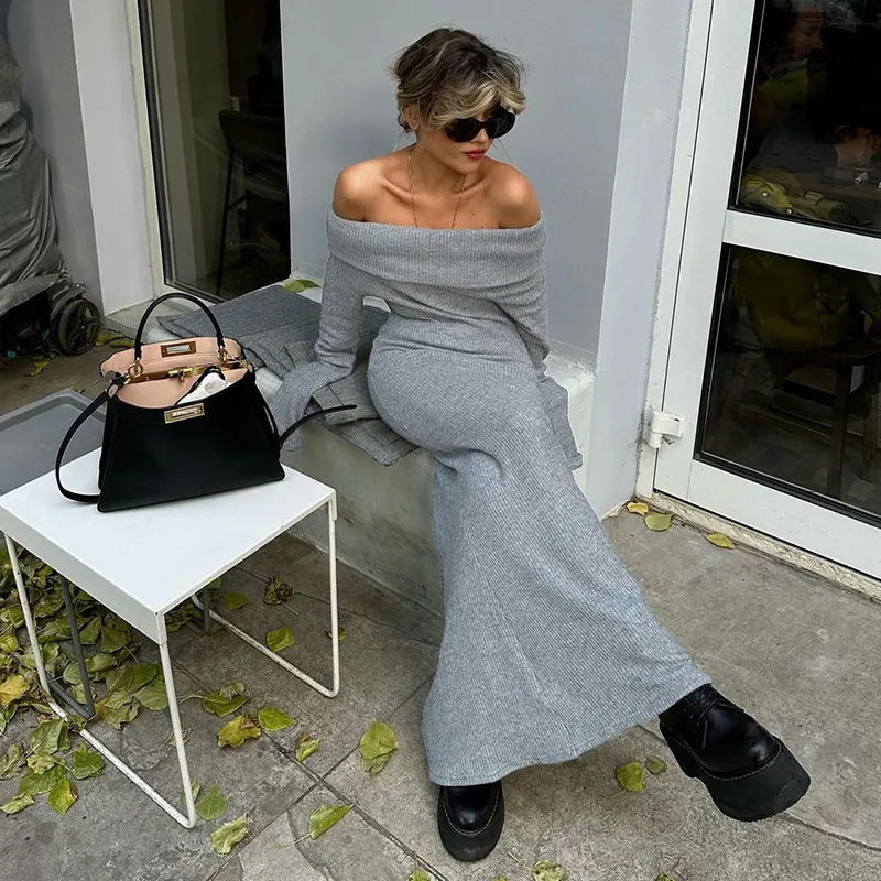 Women Fashion Sexy Off Shoulder Long Sleeve Knitted Maxi Dress