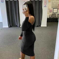 Women Fashion Solid Color Creased Off Shoulder Dress