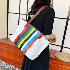 Women Casual Stripe Design Large Capacity Canvas Shoulder Bag