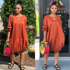 Round Neckline Long-Sleeve Pocket Design Loose Casual Dress