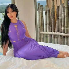 Women Sexy Solid Color Hollow Out Round Neck Sleeveless Maxi Bodycon Dress