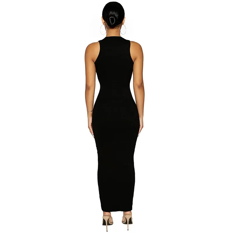 Women Fashion Solid Color Round Neck Sleeveless Slim Fit Dress