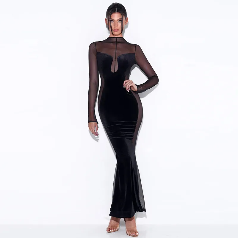 Women Sexy Hollow See-Through Mesh Velvet Patchwork Long Sleeve Round Neck Maxi Dress